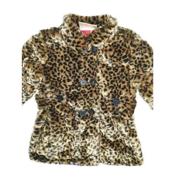 Girls Winter Coat Plush Faux Fur Leopard Print Button Down Cozy Coat 24M - Picture 2 of 7